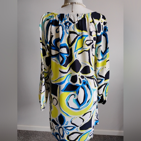 Banana Republic Silk Dress Abstract Floral Navy Blue Yellow Shift Tropical Sz M - Picture 9 of 15